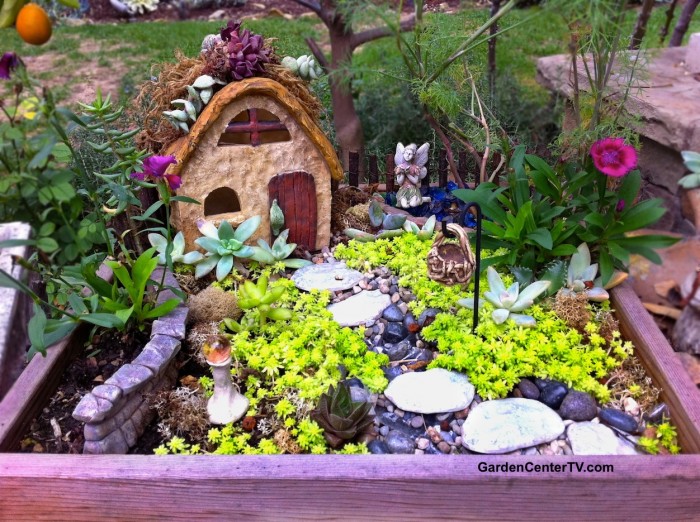 Fairy cottage miniature garden by Shirley Bovshow with stone house, succulent room and mini garden decor